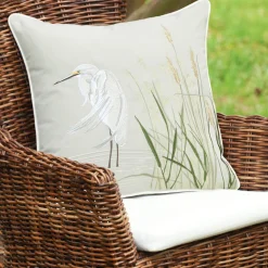 Left-Facing White Egret Embroidered Indoor Outdoor Pillow