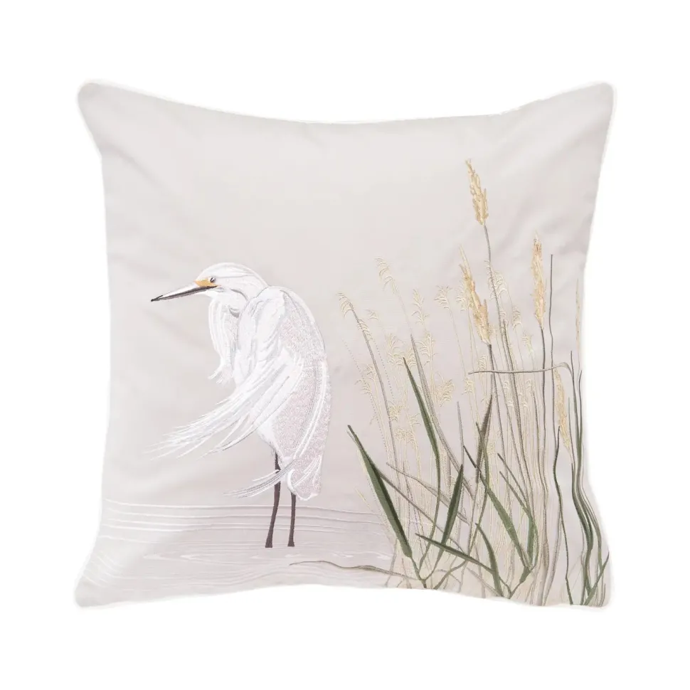 Left-Facing White Egret Embroidered Indoor Outdoor Pillow