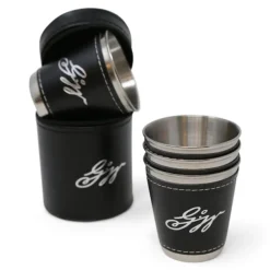 Set of Four Stainless Steel and Leather Shot Glasses
